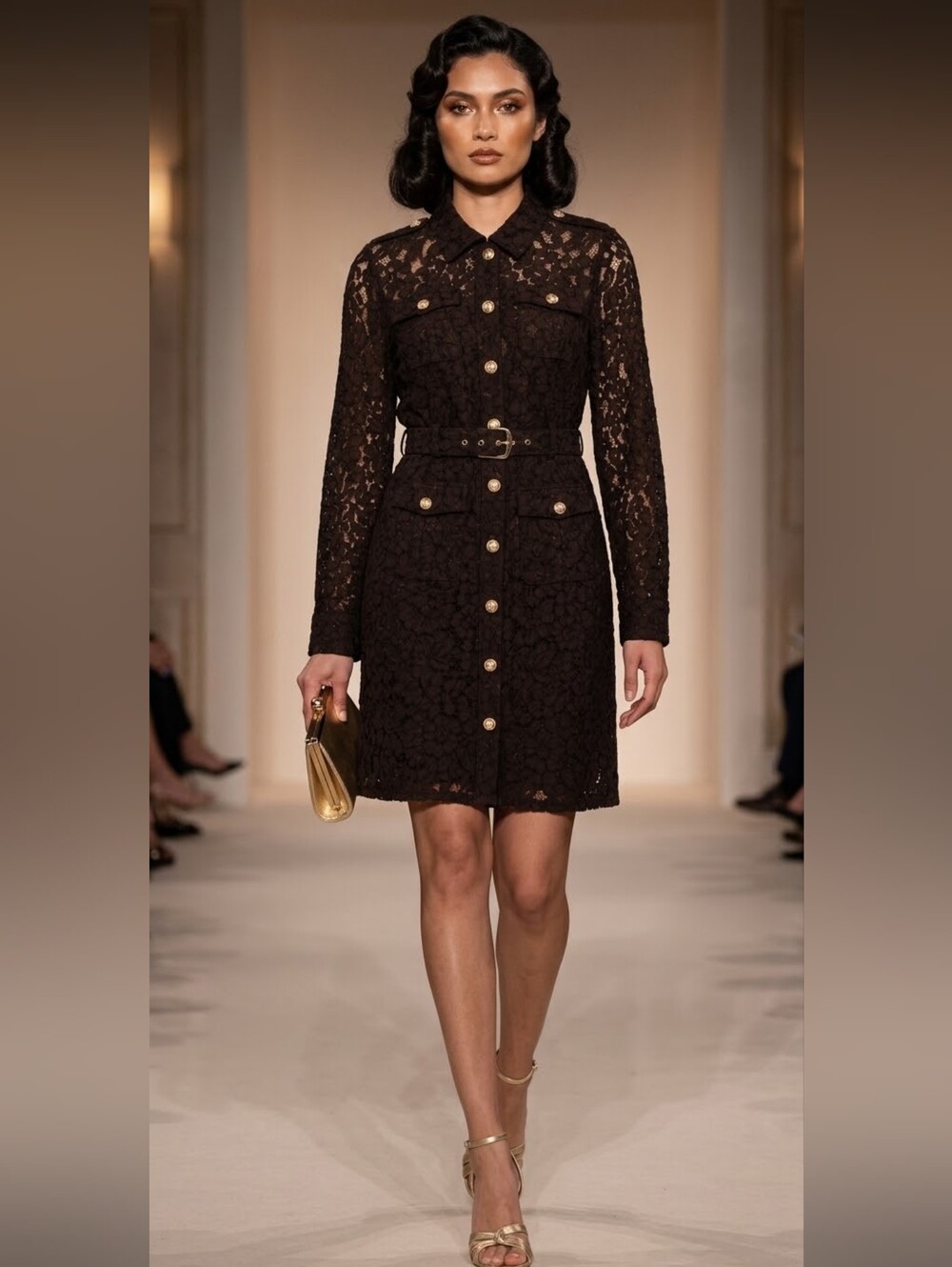 Women's Brown Lace Belted Shirt Dress Tahari ASL